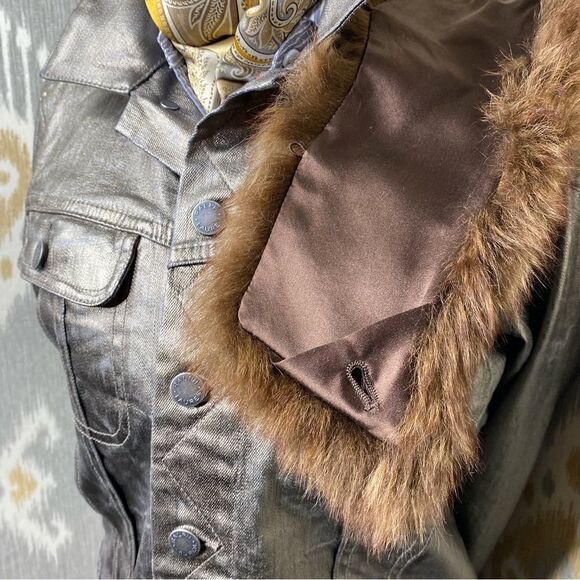 Ralph Lauren Black Label Denim Shearling Trimmed Metallic Coated Trucker Jacket - Picture 10 of 16